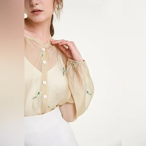 J.ING Sheer Cream Button Down Long Sleeve Embroidery Blouse Shirt Top Size M NWT - Picture 9 of 11